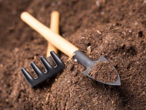 Garden hand rake and trowel resting on rich, dark, freshly turned garden soil